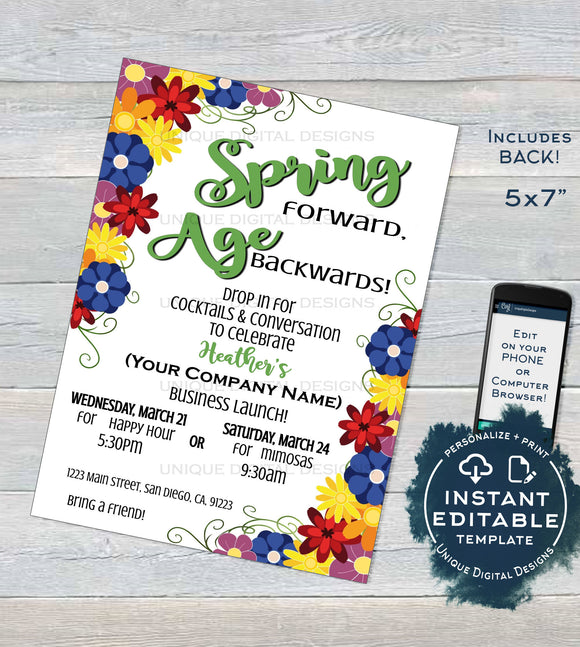 Rodan Business Invitation, Editable Business Launch Party, Spring BBL Invite R F Spring Forward Age Backward Wine Cheese Printable