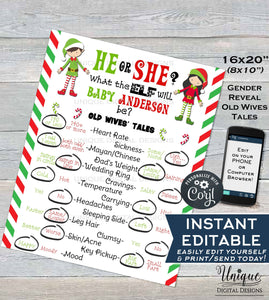 Editable Christmas Elf Gender Reveal Party Old Wives Tales Sign, He or She Gender Reveal Board, Printable Template INSTANT DOWNLOAD 16x20