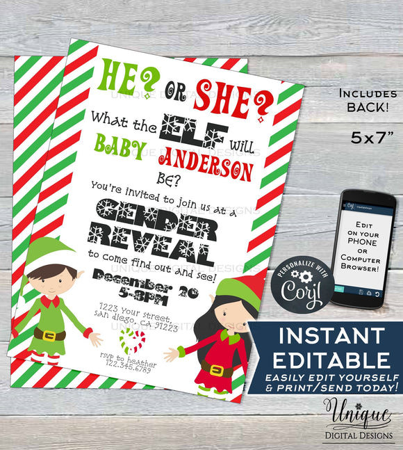 Christmas Gender Reveal Invitation, Editable Christmas Elf Party Invite, Winter Baby Reveal Holiday Party Printable
