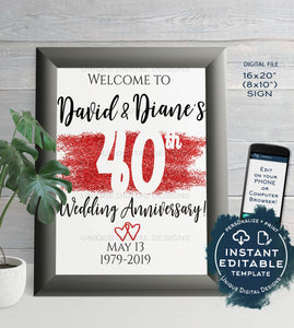 40th Anniversary Welcome Sign, ANY Year, Editable Wedding Anniversary Sign Decor Ruby Glitter Printable