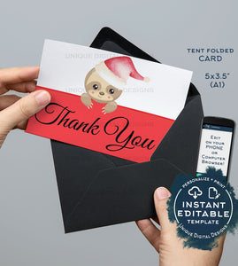 Sloth Christmas Thank You Cards, Editable Holiday Thank you, Slothmas Printable, Folded Card Blank Inside   A1