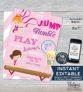 Gymnastics Invitation, Jump Tumble and Play Girls Birthday Invite, Let's Tumble, ANY Age Custom Printable