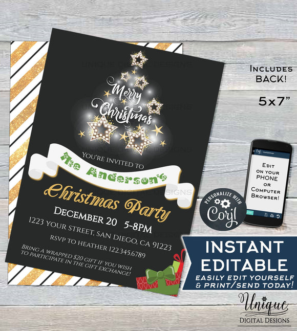 Editable Christmas Party Invitation, Merry Christmas Party Invite, White Elephant Exchange Holiday  Printable