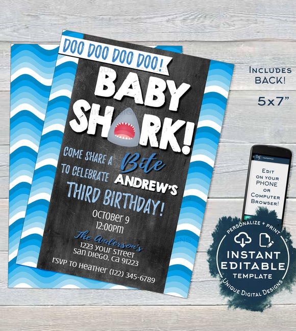 Baby Shark Birthday Invitation, Editable Boy Baby Shark doo doo doo, Shark Bite Invite Shark Week Party Printable