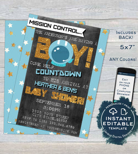 Space Baby Shower Invitation, Editable Astronaut Theme Baby Boy Shower Invite Its a Boy Custom Out of this World, Printable