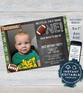 Football Birthday Invitation, Editable First Birthday Invite with photo 1st Touchdown One Footy Chalkboard Custom Printable