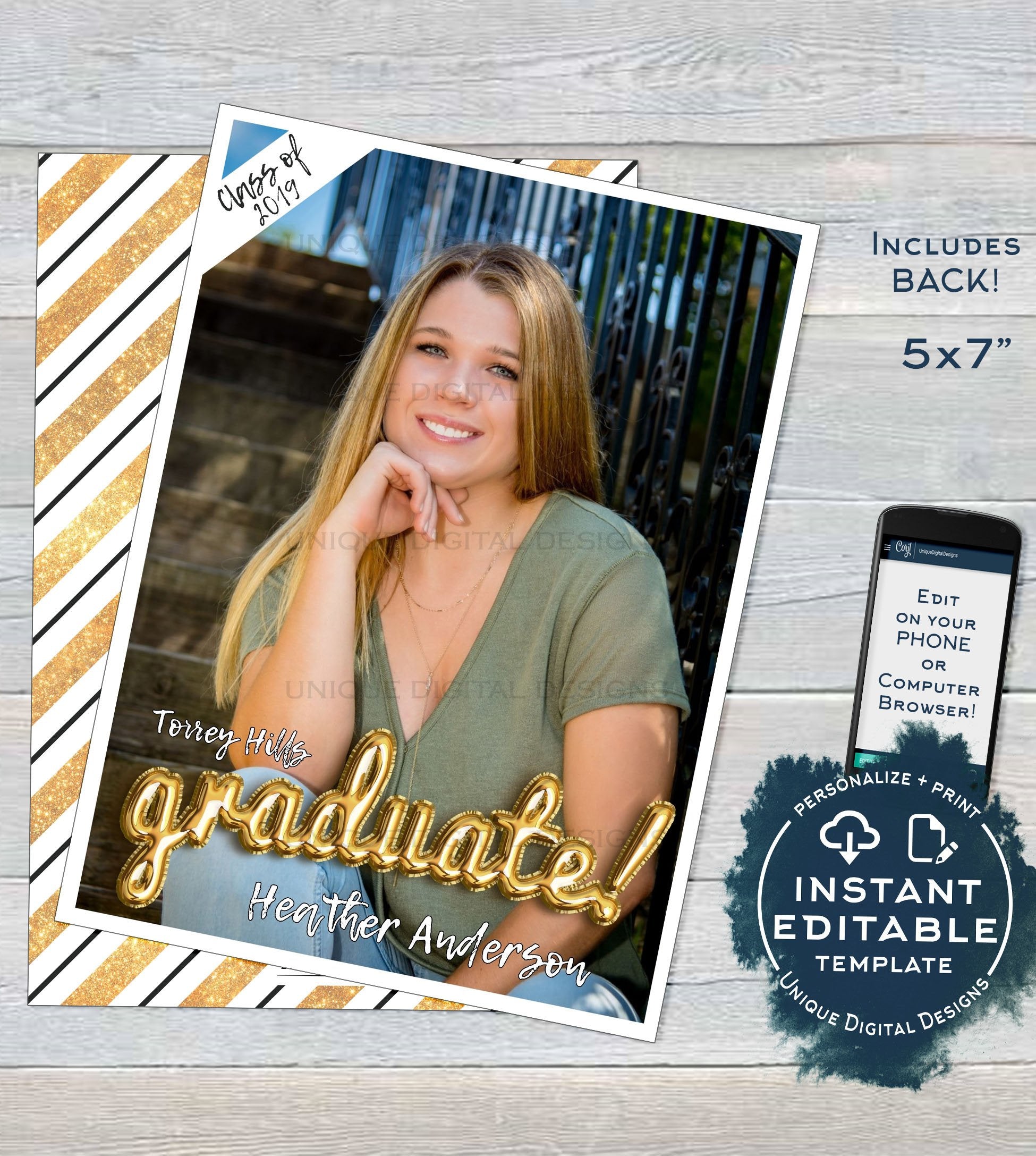 Graduation Card Photo, Editable Grad Announcement Card Class of 2019 H Graduation Card Photo, Editable Grad Announcement Card Class of 2019 H