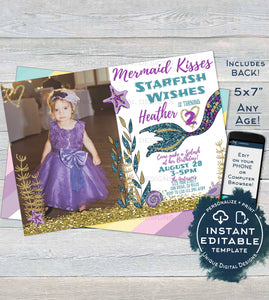 Editable Mermaid Invitation with photo, Mermaid Kisses Starfish Wishes Girls Birthday Invite, ANY Age, Printable