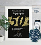 50th Birthday Welcome Sign, ANY Year, Adult Birthday Party Decoration, Black Gold Glitter diy Printable