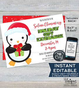 Holiday Gift Exchange Flyer, Editable Winter Invitation, Printable Penguin Invitation, Community Church School