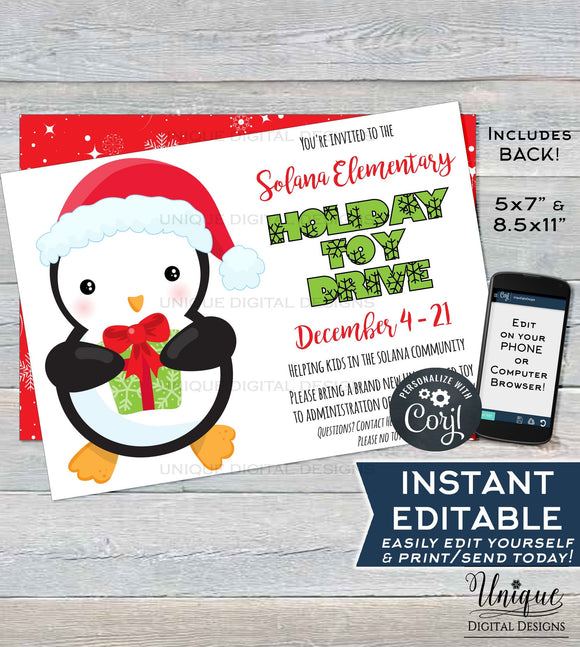 Holiday Toy Drive Flyer, Editable Toy Collection Invitation Penguin Printable PTA Flyer, Community Church School
