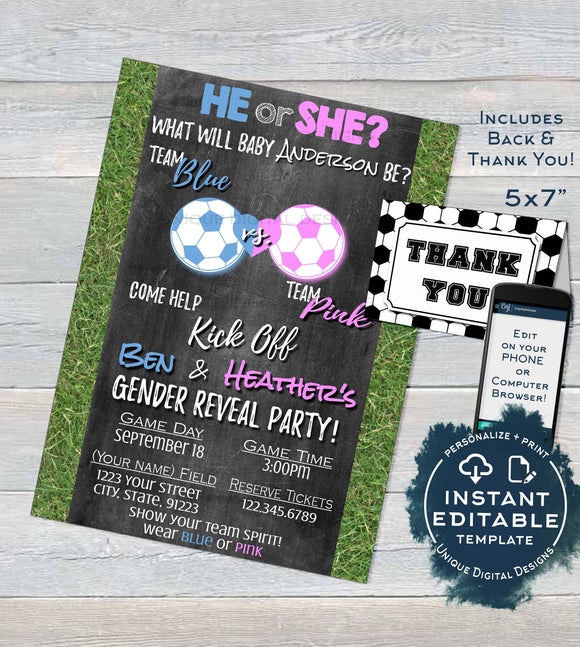 Soccer Gender Reveal Invitation, Editable Baby Shower Invite, Team He vs She, Reveal Chalkboard , DIY Custom Printable