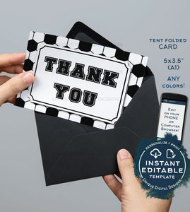 Soccer Thank You Card, Editable Soccer Party Printable Black White Sports Theme Thank you Folded Card Blank Inside