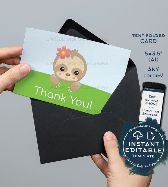 Sloth Thank You Card, Editable Sloth Party Printable Birthday Girls Sloth Theme Thank you Folded Card Blank Inside