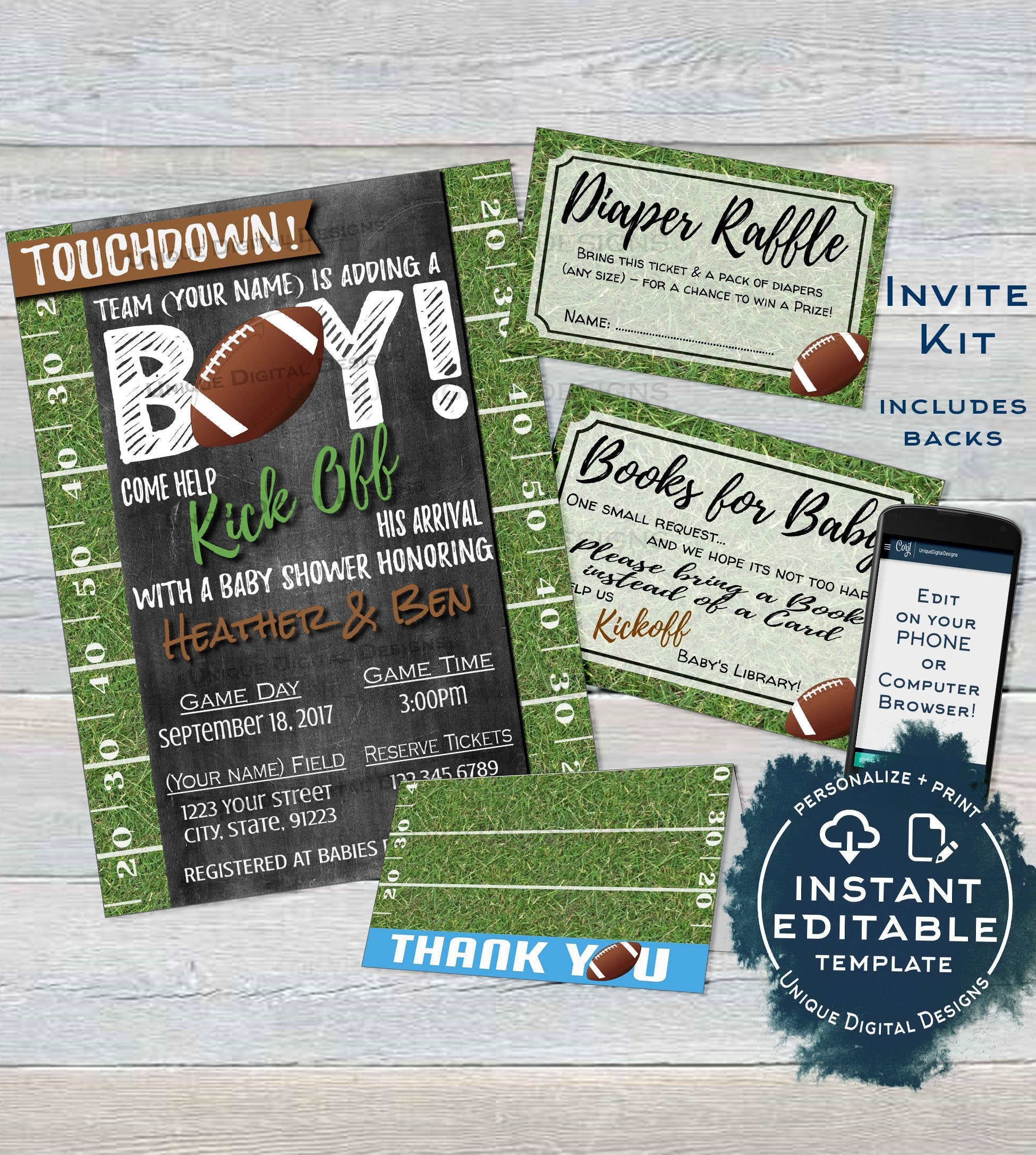 Football Raffle Books Football Baby Shower Invitation KIT, Editable Diaper Raffle Book for B