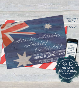 Australia Day Invitation, Editable Rustic Aussie Invite, Aussie Oi Oi 26 January Flag, Summer BBQ Party Personalize diy