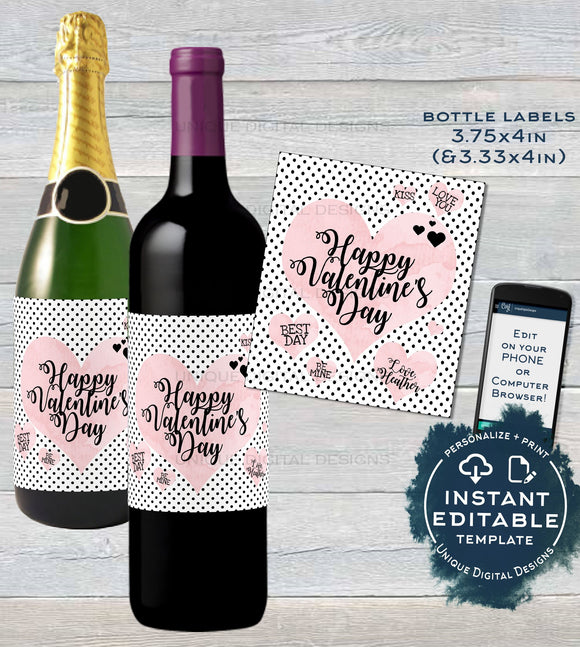 Valentines Day Wine Bottle Label, Editable Wine Label Sticker, Champagne Valentines Day Gift for Her Avery Custom Printable