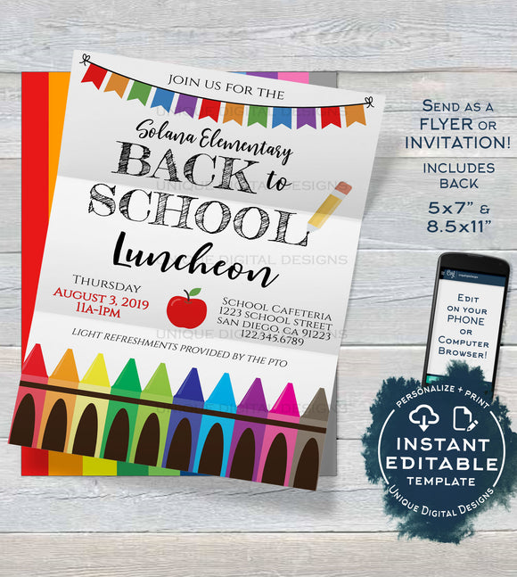 Back to School Luncheon Invitation, Editable Teacher PTA Invite, Crayon School Flyer Digital Printable