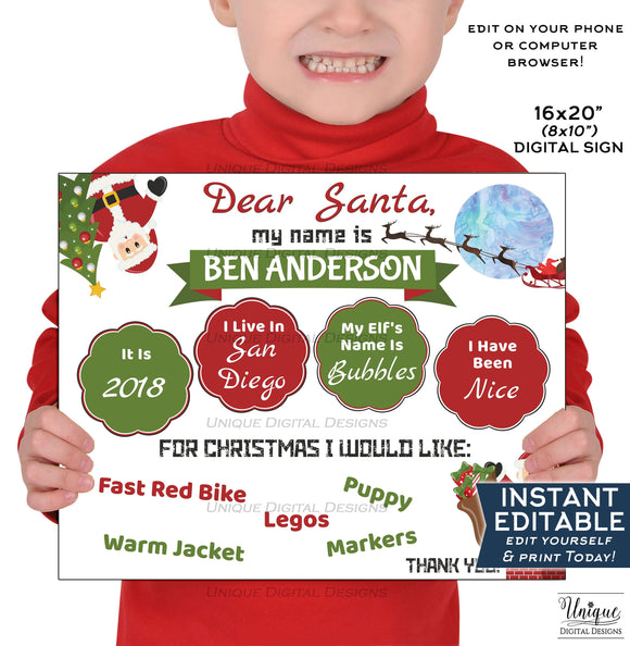 Dear Santa Sign, Editable Letter to Santa, Printable Santa List Photo Prop, Custom Digital Christmas