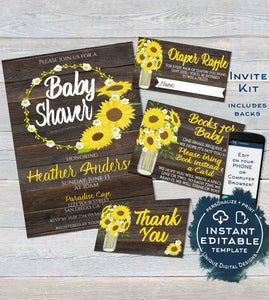 Sunflower Baby Shower Invitation KIT, Editable Diaper Raffle, Books for Baby Invite Insert Thank You Rustic Sunflower Print