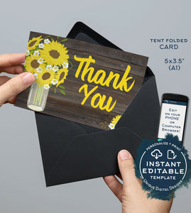 Sunflower Thank You Card, Editable Rustic Sunflower Party Printable, Birthday Thank you, Folded Card Blank Inside