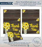 Sunflower Thank You Card, Editable Rustic Sunflower Party Printable, Birthday Thank you, Folded Card Blank Inside
