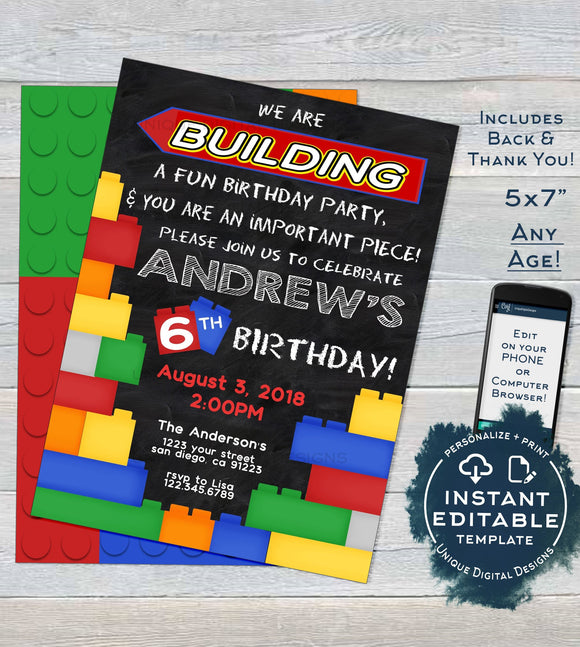 Block Party Invitation, Editable Boys Building Block Birthday Invite, Chalkboard Block Party, ANY Age, Custom Printable