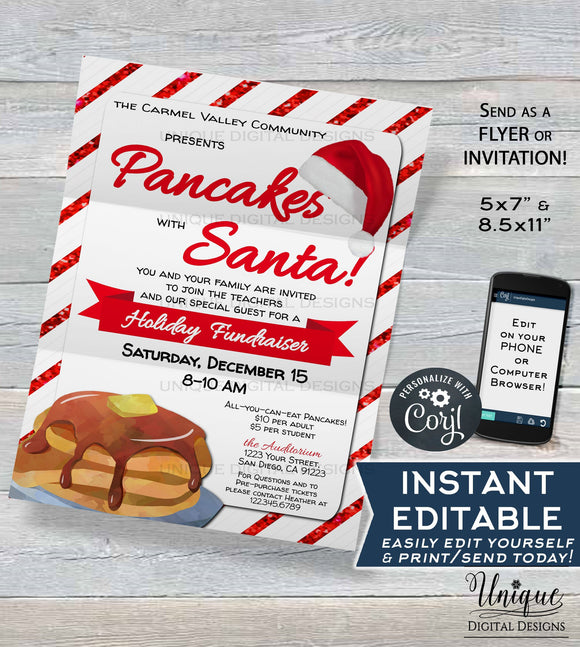 Pancakes with Santa Flyer Invitation, Editable Breakfast with Santa Invite, Church Christmas School Fundraiser, Printable