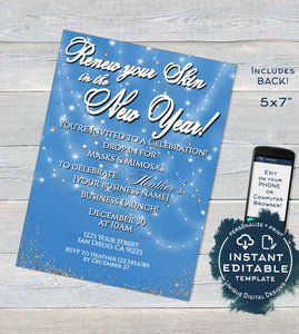 Rodan and Invitation, Editable Business Launch Party BBL Invite, R F Renew your Skin New Years Cocktails Mimosas Printable