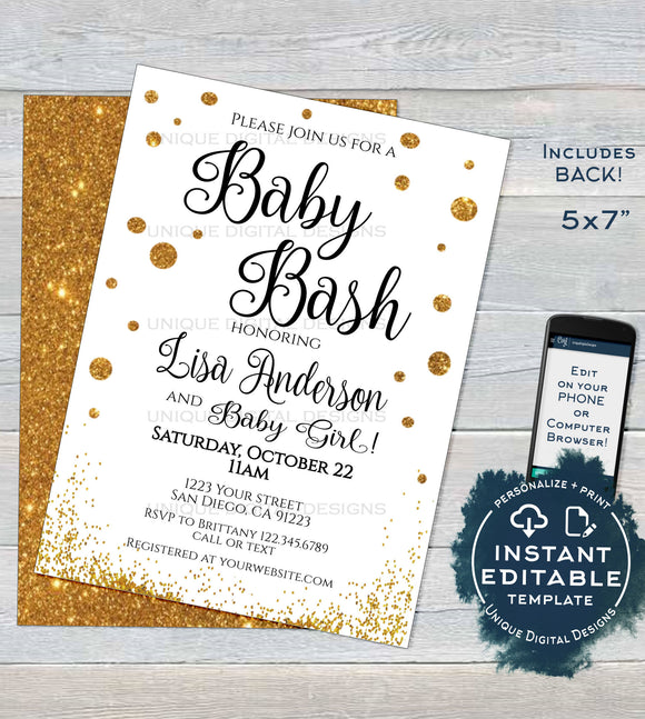 Baby Bash Shower Invitation, Editable Baby Sprinkle Invite, Baby Gold Glitter Champagne, Custom Printable