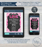 Valentines Day Baby Shower Invitation, Editable Love Baby Sprinkle, Pink White Glitter Chalkboard  Custom Printable