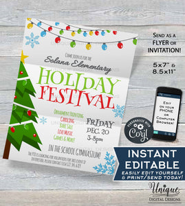 Holiday Festival Flyer, Editable Christmas Festival Invitation, Printable PTA Christmas Invitation, Community Church School