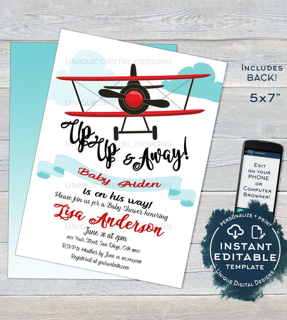 Airplane Baby Shower Invitation , Editable Airplane Boy Baby Shower Invite It's a Boy Up Up & Away Printable Custom