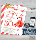 Mingle and Jingle Invitation, Let's Flamingle Christmas Birthday Invite, Editable Flamingo Party Any Age 30th Printable