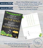 Editable St Patricks Day Baby Announcement Postcard and Sign, Pot of Gold Lucky Charm Baby Invite, Personalized Printable