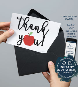 Teachers Thank You Card, Editable Apple Printable, Classroom Birthday Thank you Folded Card Includes Inside Spread