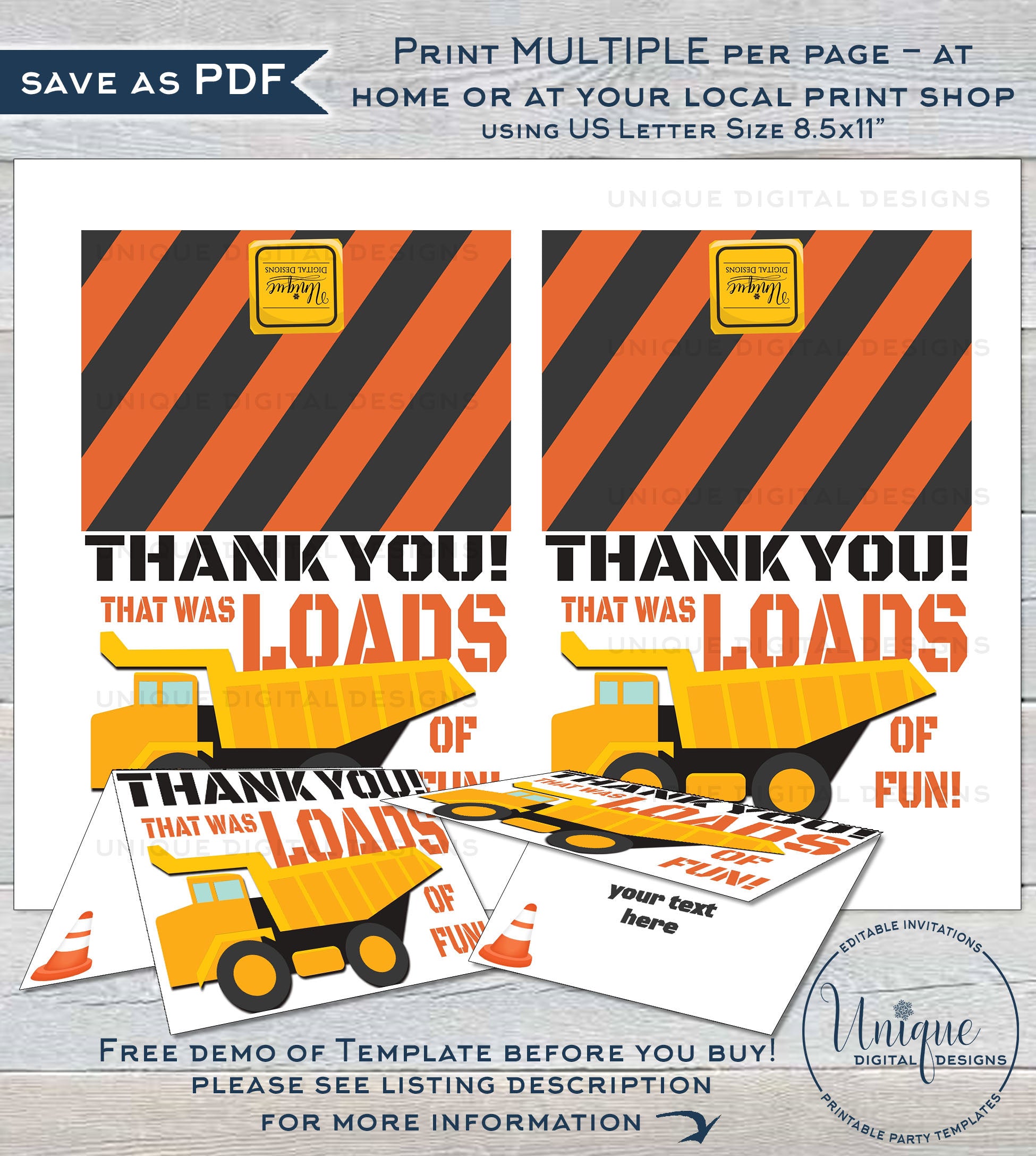 truck-thank-you-card-editable-construction-printable-loads-of-fun-bi for Free Printable Folded Birthday Invitations Truck Thank You Card, Editable Construction Printable, Loads of Fun Bi for Free Printable Folded Birthday Invitations