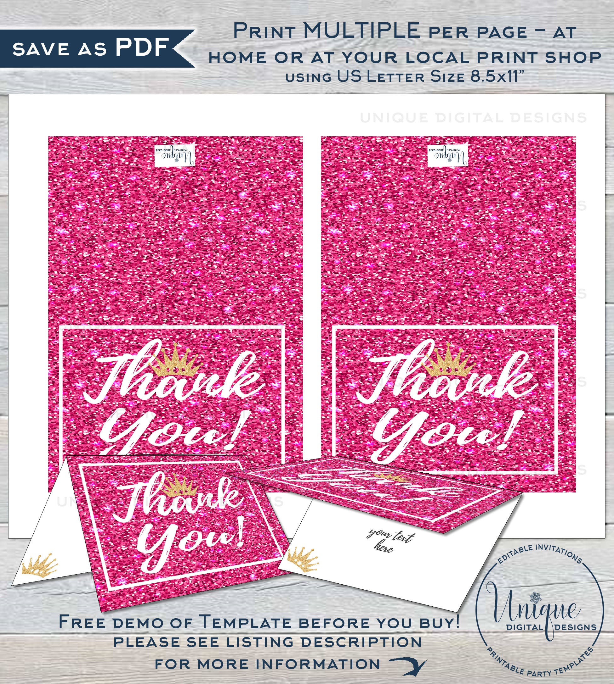 princess-thank-you-card-editable-pink-glitter-printable-princess-bir for Free Printable Princess Thank You Cards Princess Thank You Card, Editable Pink Glitter Printable, Princess Bir for Free Printable Princess Thank You Cards