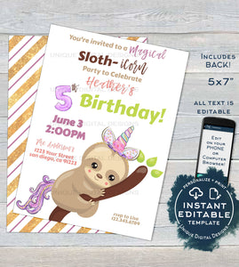 Slothicorn Invitation Unicorn Birthday Party, Gold Glitter Editable Sloth Birthday Magical Sloth-icorn, ANY Age, Printable