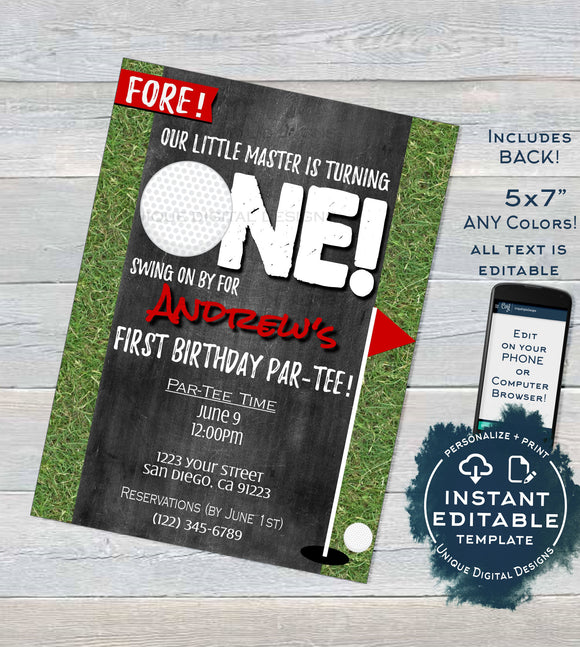 Golf First Birthday Party Invitation , Editable Hole in One Par-tee Invite Kids Birthday Partee  Printable Custom