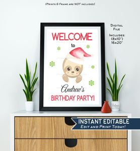 Sloth Birthday Welcome Sign, Editable Christmas Sloth Birthday Party, Photo Prop, Merry Slothmas Digital Printable INSTANT DOWNLOAD 16x20