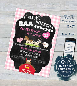 Farm Animal Birthday Invitation, Editable Girl Petting Zoo Birthday Party Invite, Pink Barnyard Birthday Printable