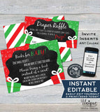 Christmas Diaper Raffle Ticket, Present Books for Baby Shower Invitation Inserts, Editable Winter Baby Shower Gift Card