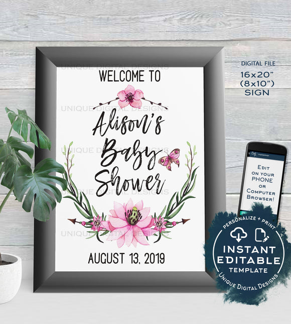 Baby Shower Welcome Sign Personalized Floral Baby Poster Watercolor Wreathe Table Decoration Printable