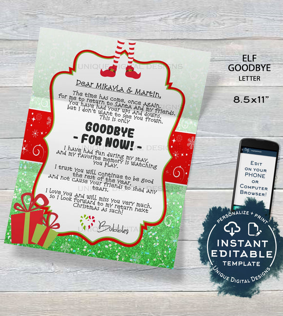 Editable Elf Letter, Elf Goodbye Letter, Custom Santa Letter, North Pole Shelf Prop, Christmas Elf Letter Printable, INSTANT DOWNLOAD 8.5x11