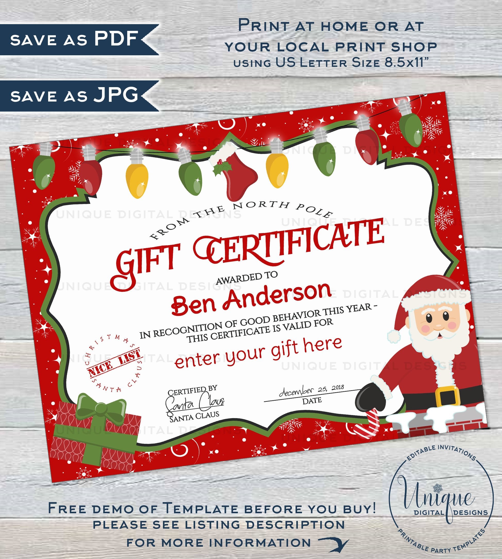 Free, printable custom Christmas gift certificate templates