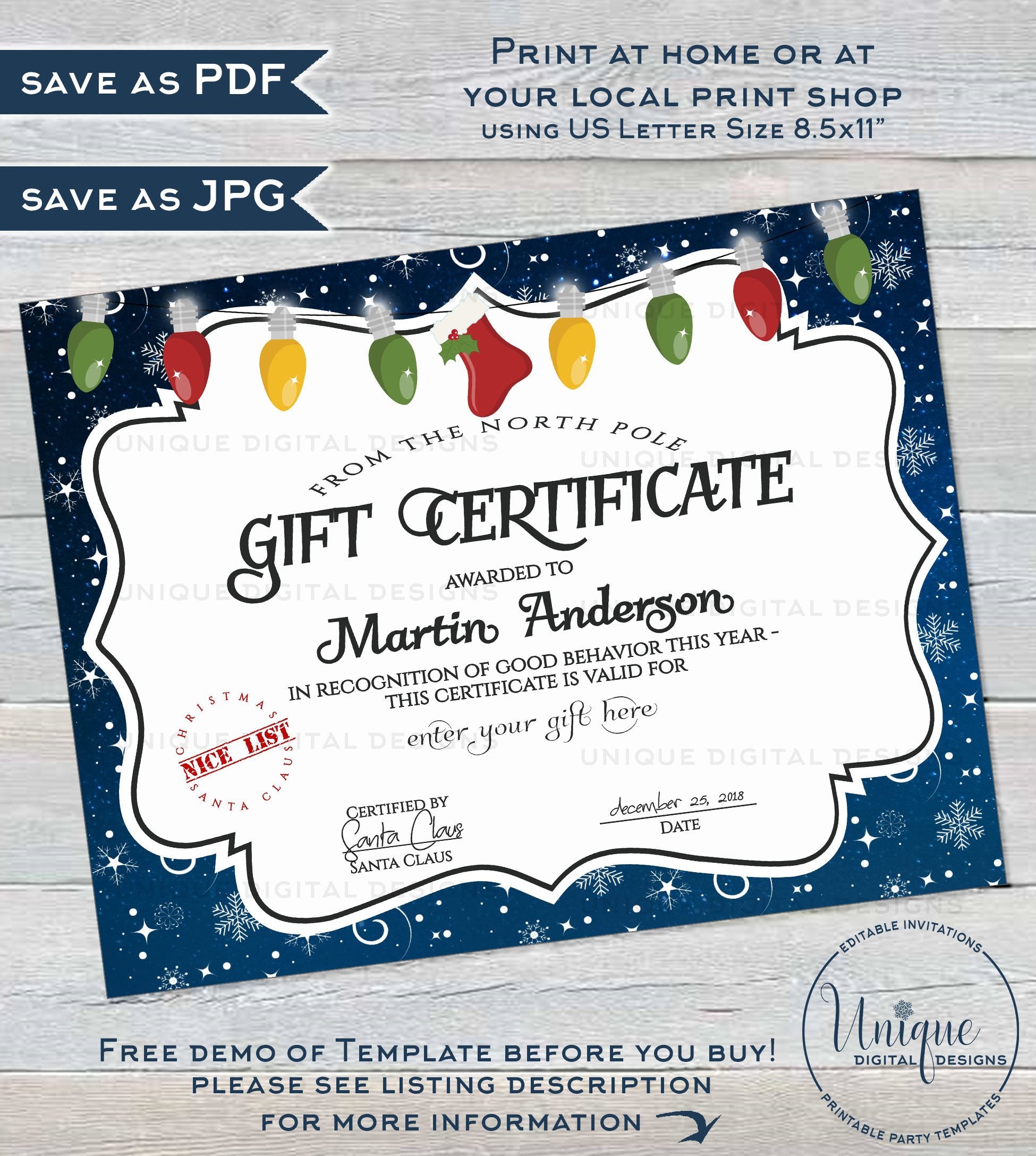 gift-certificate-editable-gift-certificate-from-santa-custom-santa for Free Printable Gift Certificate Templates Gift Certificate , Editable Gift Certificate from Santa, Custom Santa for Free Printable Gift Certificate Templates