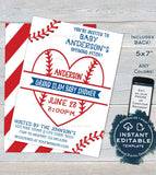 Editable Baseball Baby Shower Invitation, Baby Sprinkle Boy Invite, Homerun love, Baseball heart,  Custom Printable
