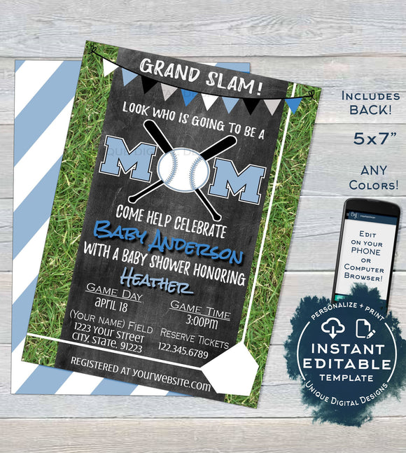 Baseball Mom Baby Shower Invitation, Editable Baby Boy Sprinkle Invite, Homerun Base, Chalkboard  Custom Printable