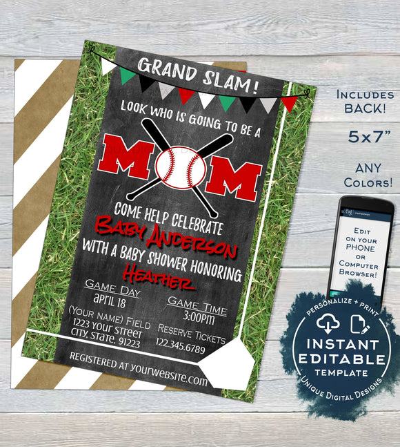 Editable Baseball Mom Baby Shower Invitation, Neutral Baby Sprinkle Invite Lil Slugger Chalkboard  Custom Printable